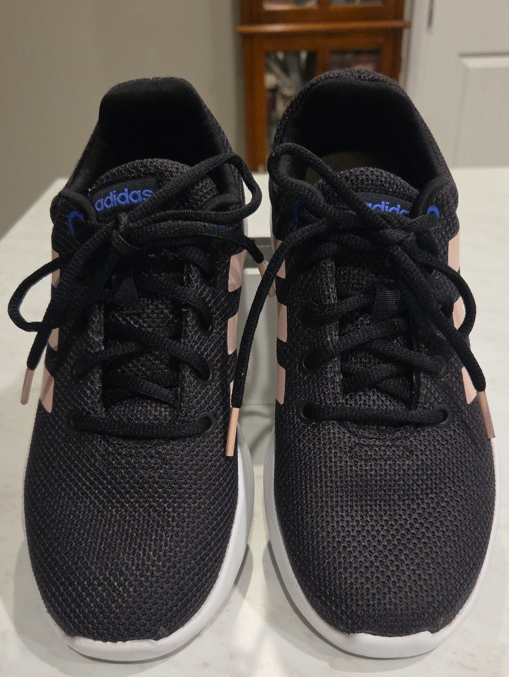 adidas Women Black Knit Sneakers with Light Pink Stripes Size 7